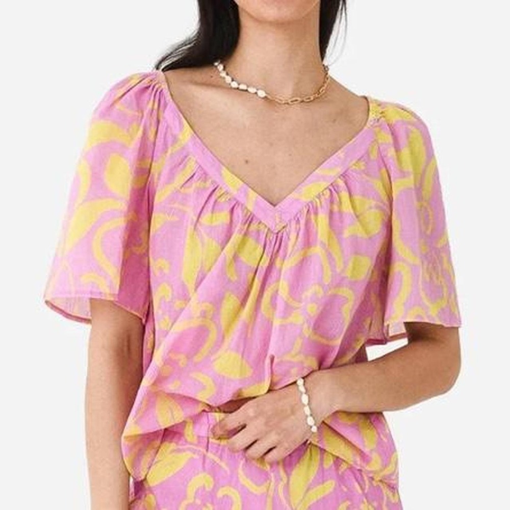 NWT Velvet Graham &‎ Spencer Pink Yellow Floral Blouse Summer Cotton Resort Boho